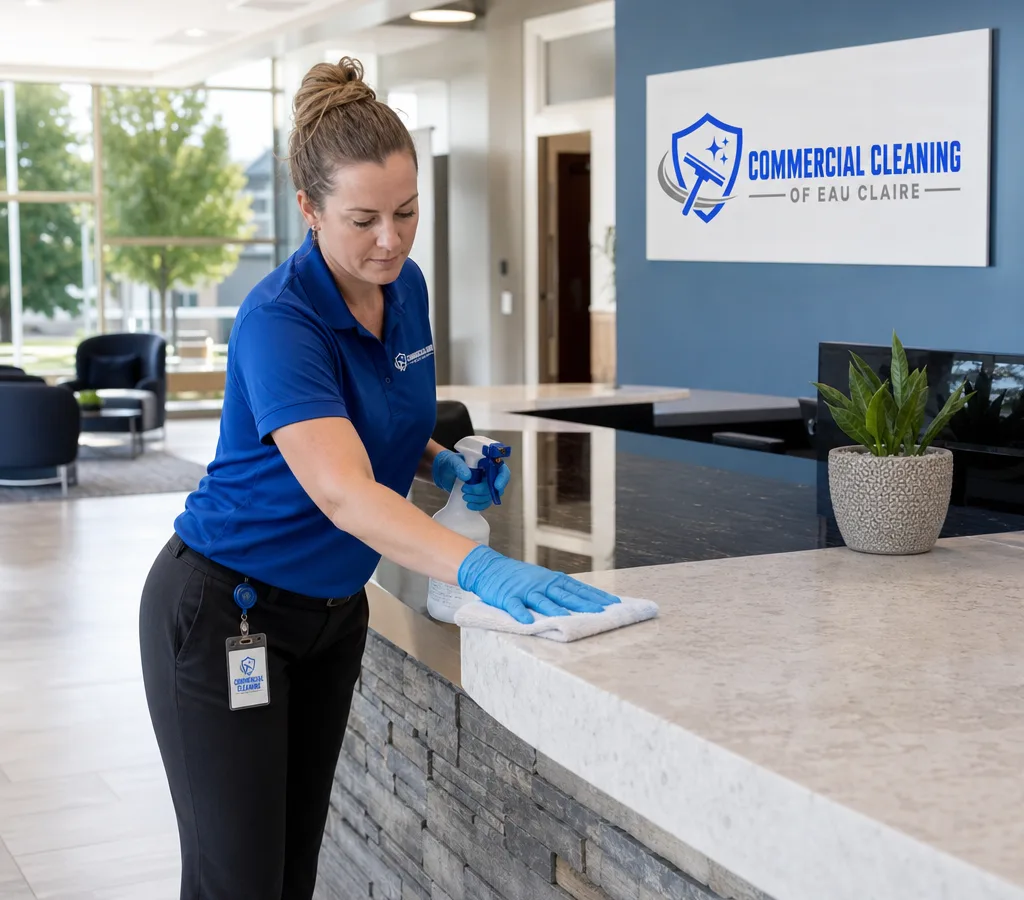 Professional cleaner disinfecting high-touch surfaces in a modern Eau Claire office reception area