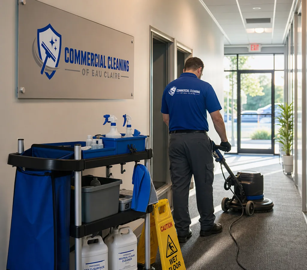 Professional commercial cleaner servicing an office hallway and entry area with organized supplies and floor equipment
