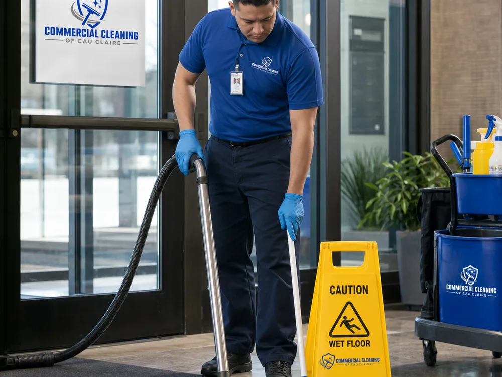Cleaner vacuuming entry mats and spot-mopping a commercial lobby near glass doors with wet-floor signage and neatly staged supplies