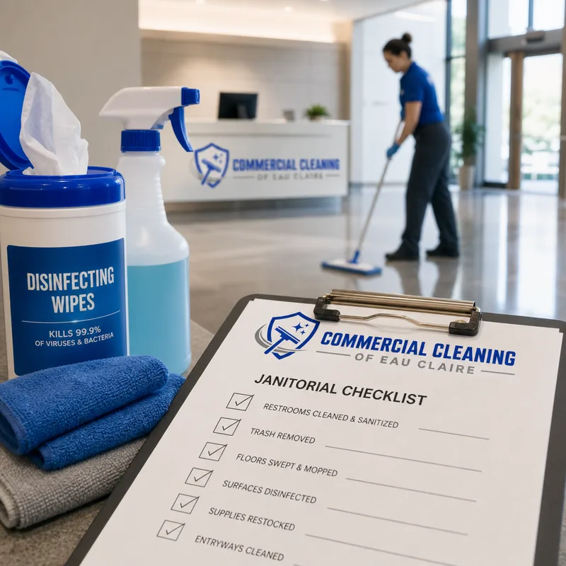 Printed janitorial checklist on a clipboard beside disinfectant and microfiber cloths with an office lobby in the background