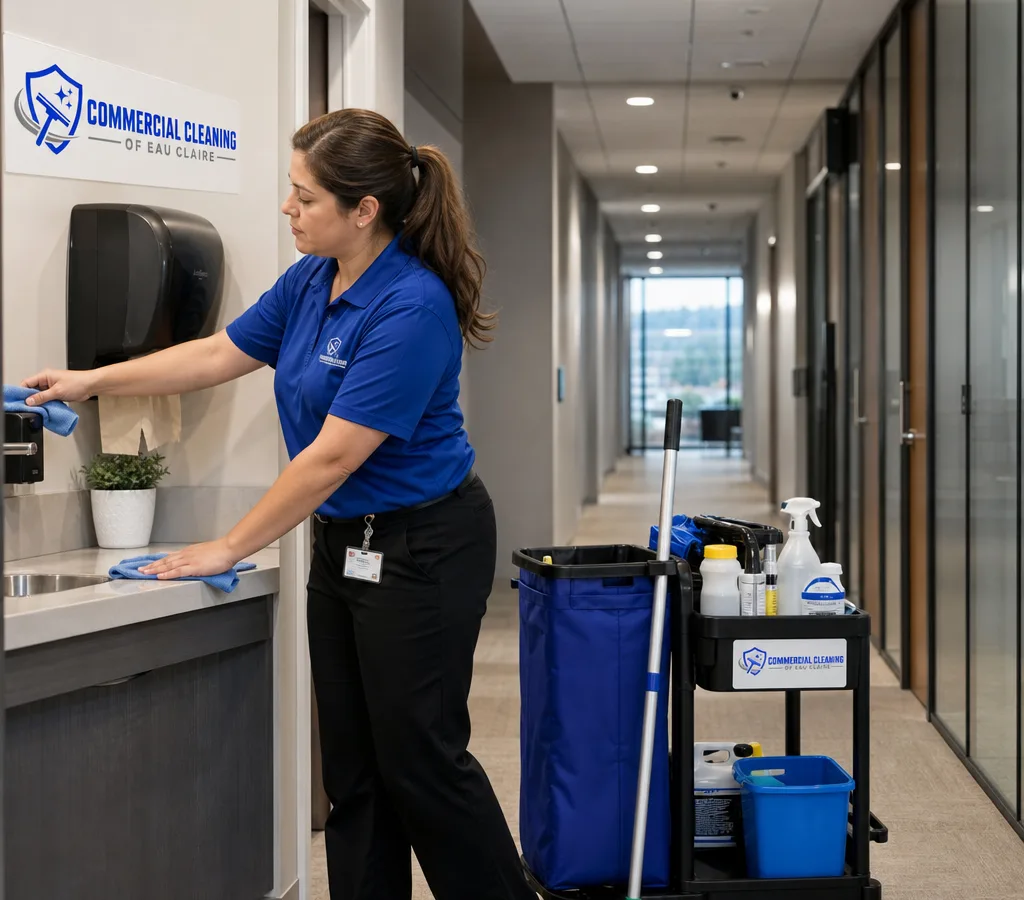 Janitorial technician restocking restroom supplies and wiping high-touch surfaces in a modern office corridor with cleaning cart visible