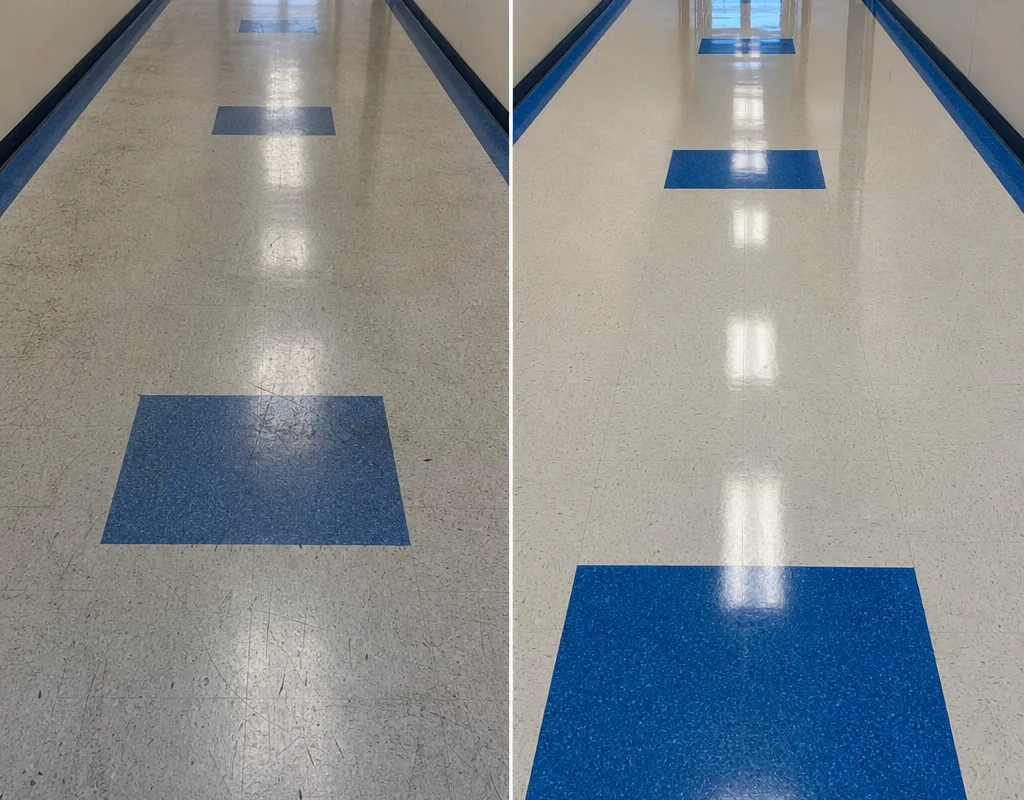 Before and after comparison of a VCT hallway showing dull traffic lanes and a restored uniform finish