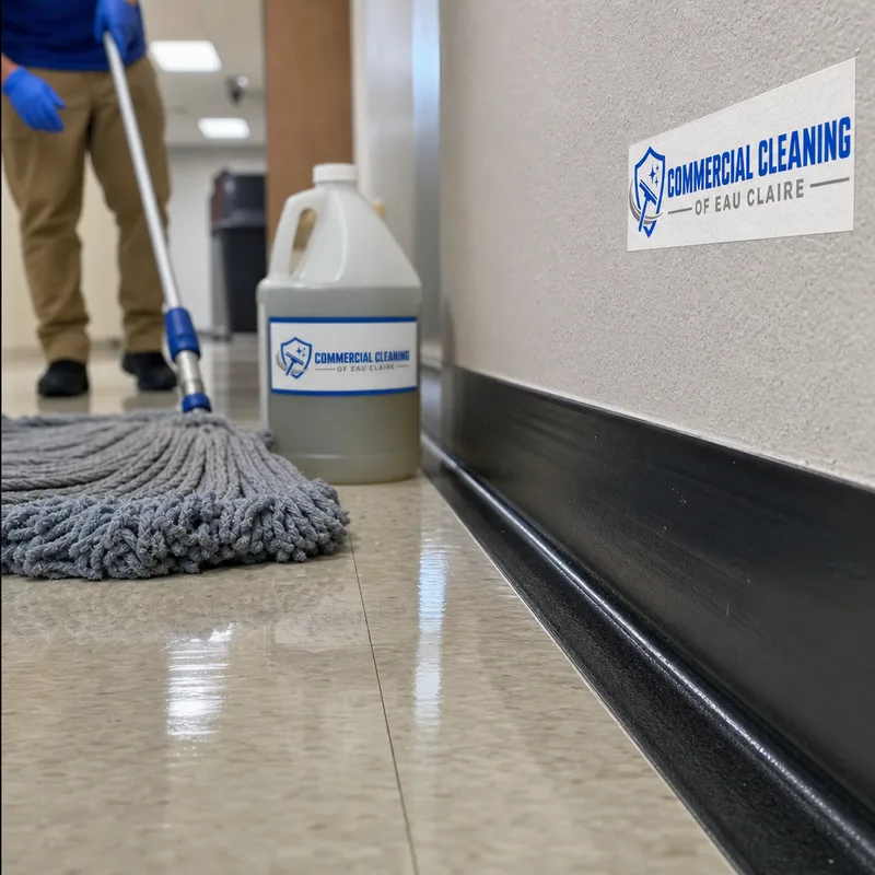 Clean, even floor finish coats on VCT beside a baseboard with floor-care equipment nearby
