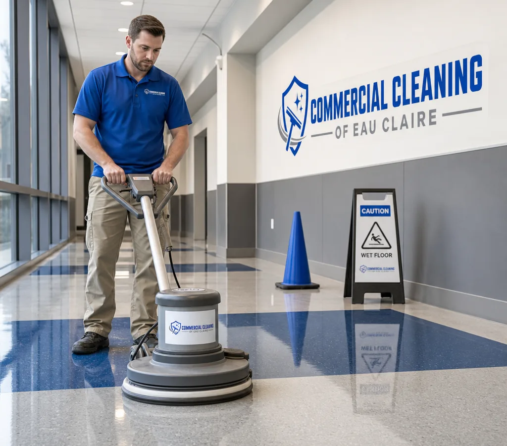 Technician buffing a VCT floor in a commercial hallway with a high-speed burnisher and safety signage