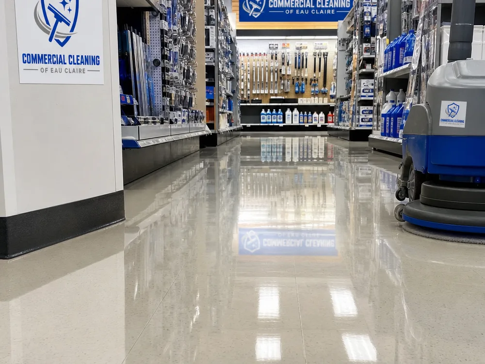 Retail aisle floor after high-speed burnishing with clear reflections and clean baseboard edges