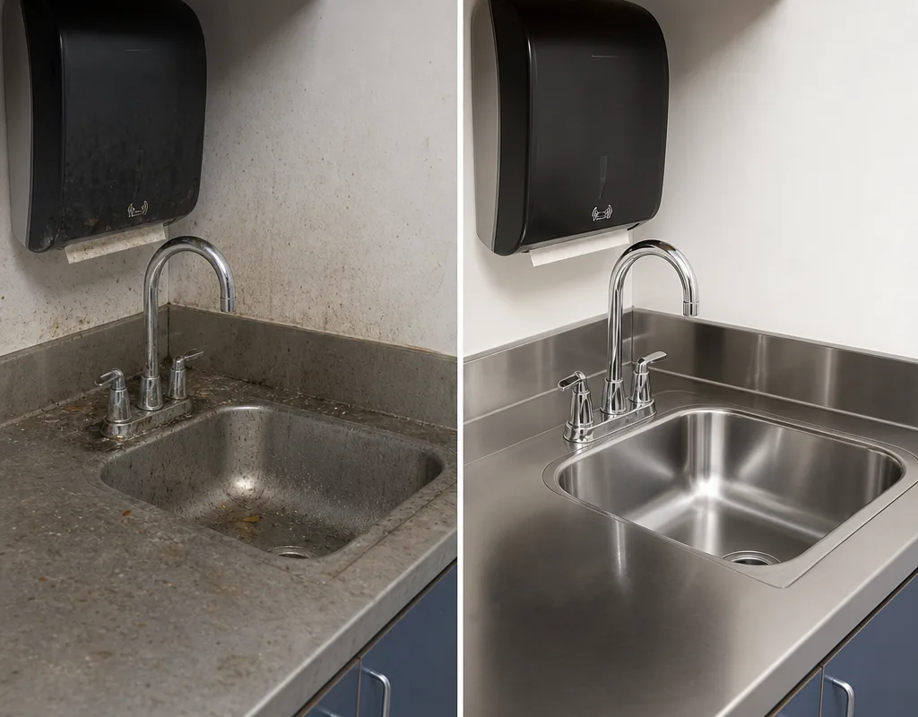 Before and after view of a breakroom sink and counter after descaling, degreasing, polishing, and disinfection