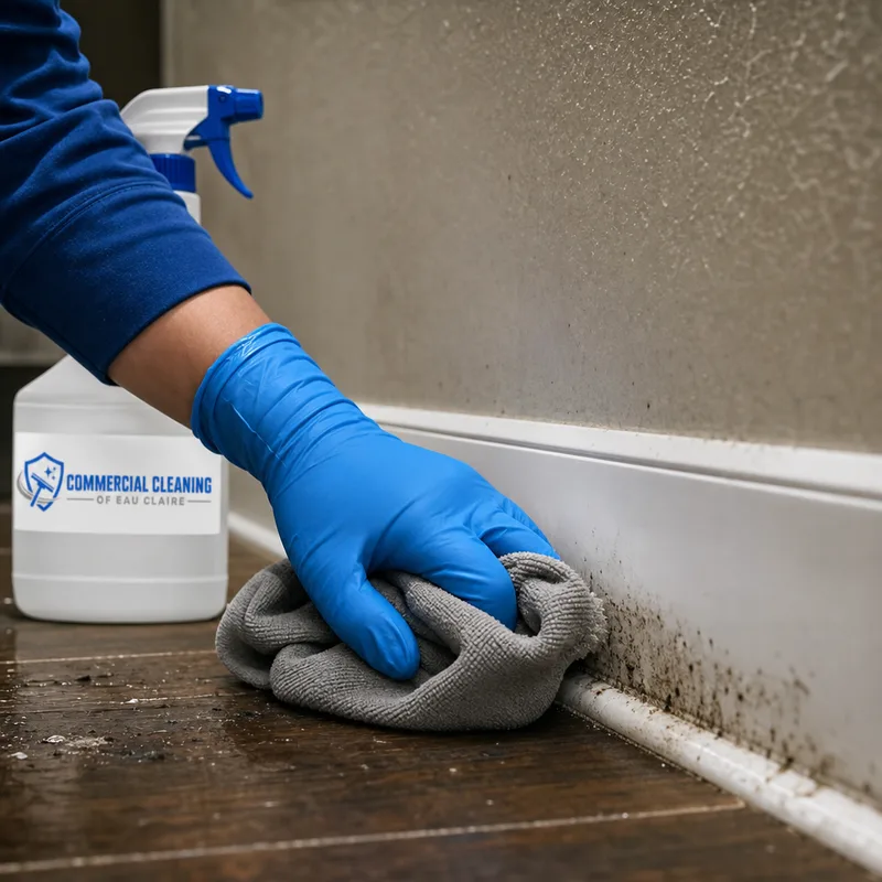 Technician detail-cleaning baseboards and floor edges to remove visible dust, grime, and scuffs