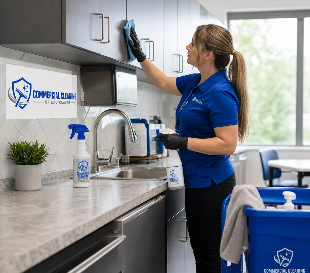 Cleaning technician deep-cleaning a commercial breakroom and detailing sink fixtures, cabinet faces, and high-touch surfaces