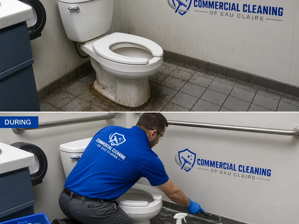 Technician detailing fixtures, baseboards, corners, and grout lines during a commercial restroom deep clean