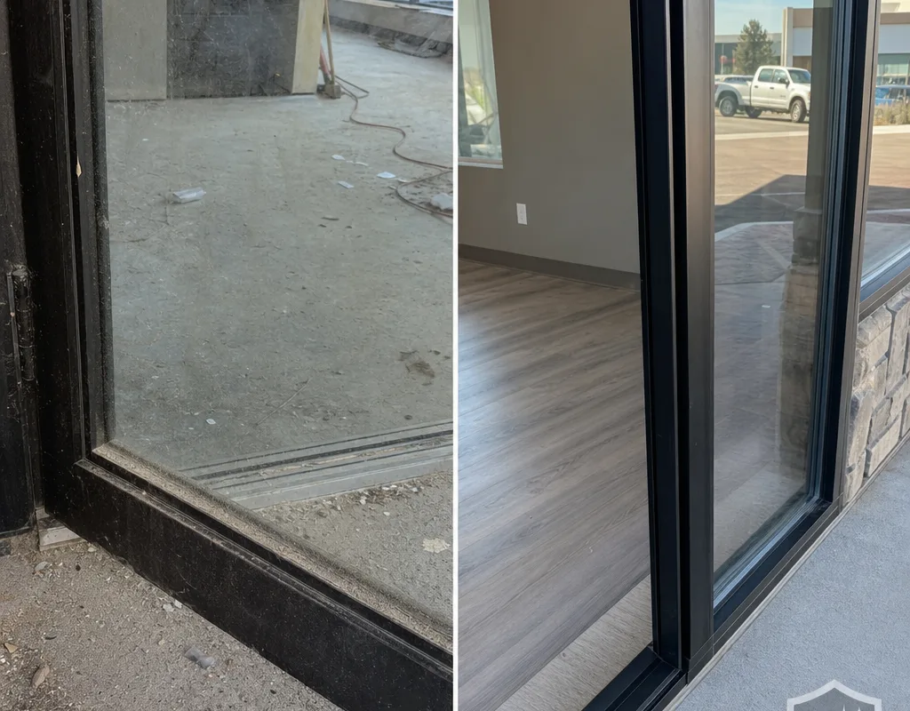 Before and after comparison of a commercial storefront entry showing cleaned glass, tracks, thresholds, and finished floors