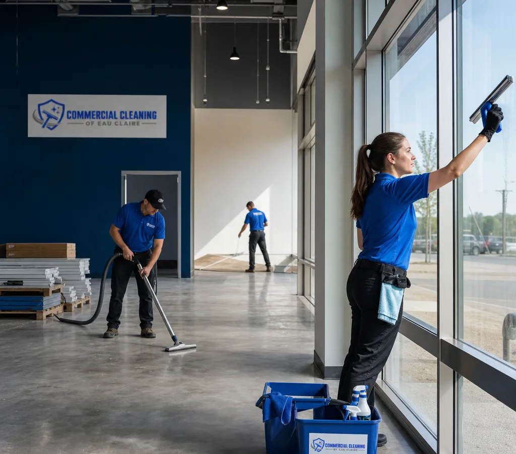 Workers detailing a newly built commercial space by cleaning glass, vacuuming floors, and removing protective coverings