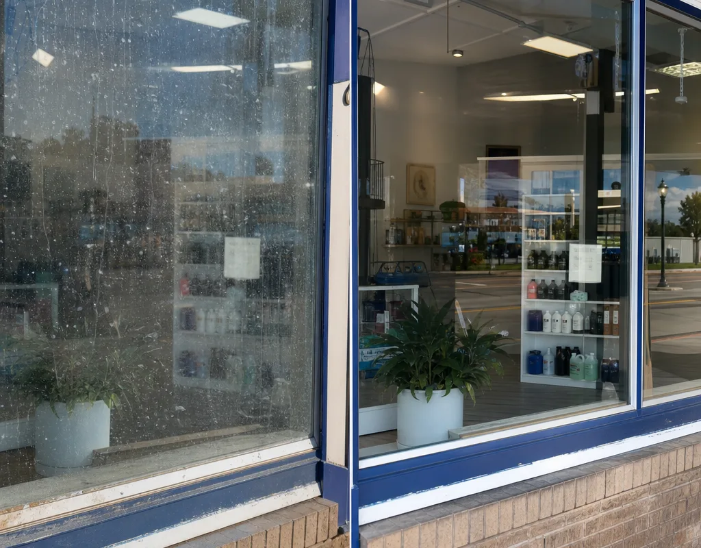 Storefront window before cleaning with water spots and smudges and after cleaning with clear reflections