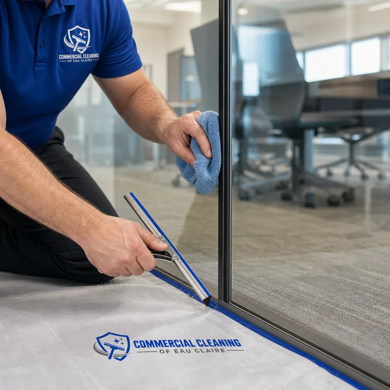 Technician detailing an interior office glass partition with floor protection in place