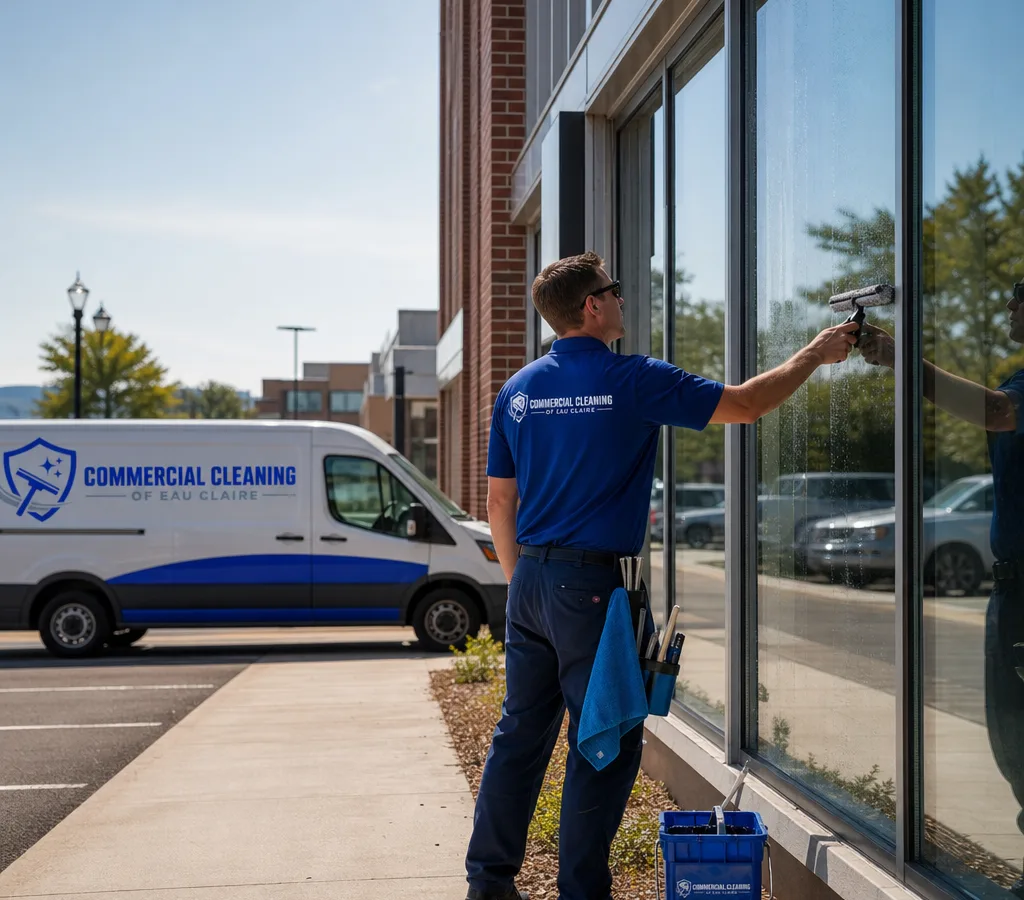 Technician washing large ground-level windows on a commercial building in Eau Claire