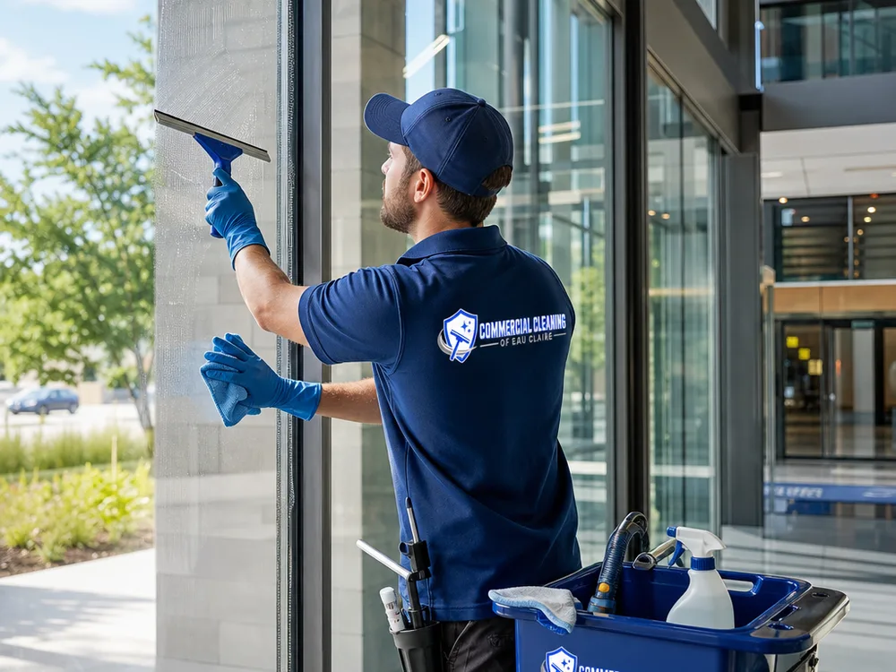 Technician cleaning large lobby glass with organized squeegee and microfiber tools