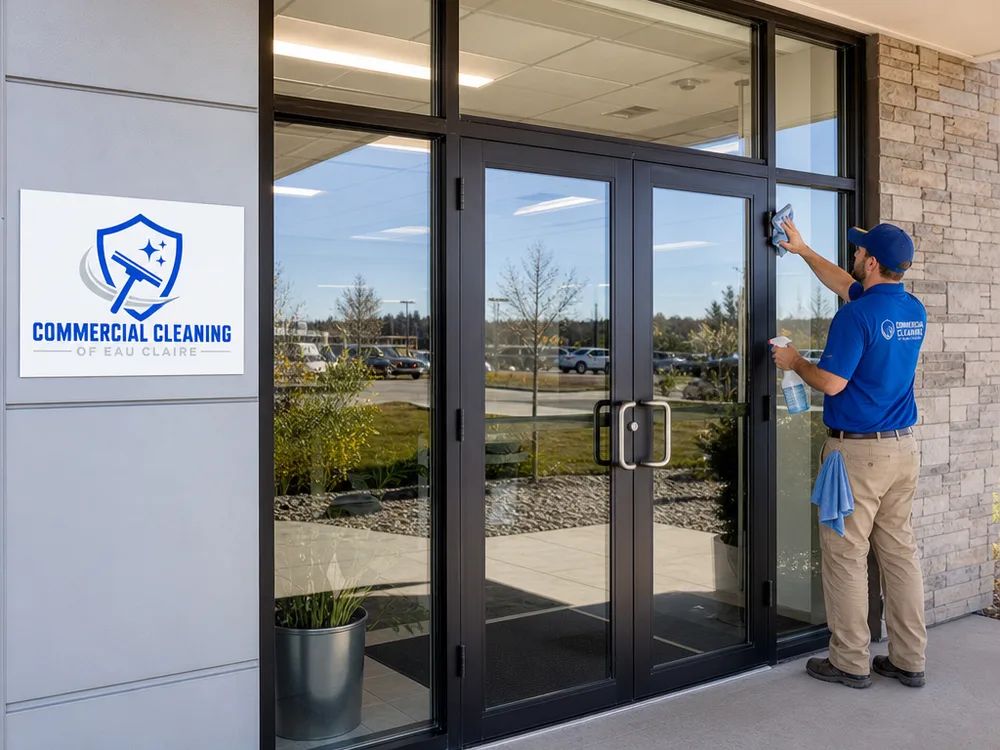 Clean commercial entryway with streak-free glass doors and sidelights in bright daylight