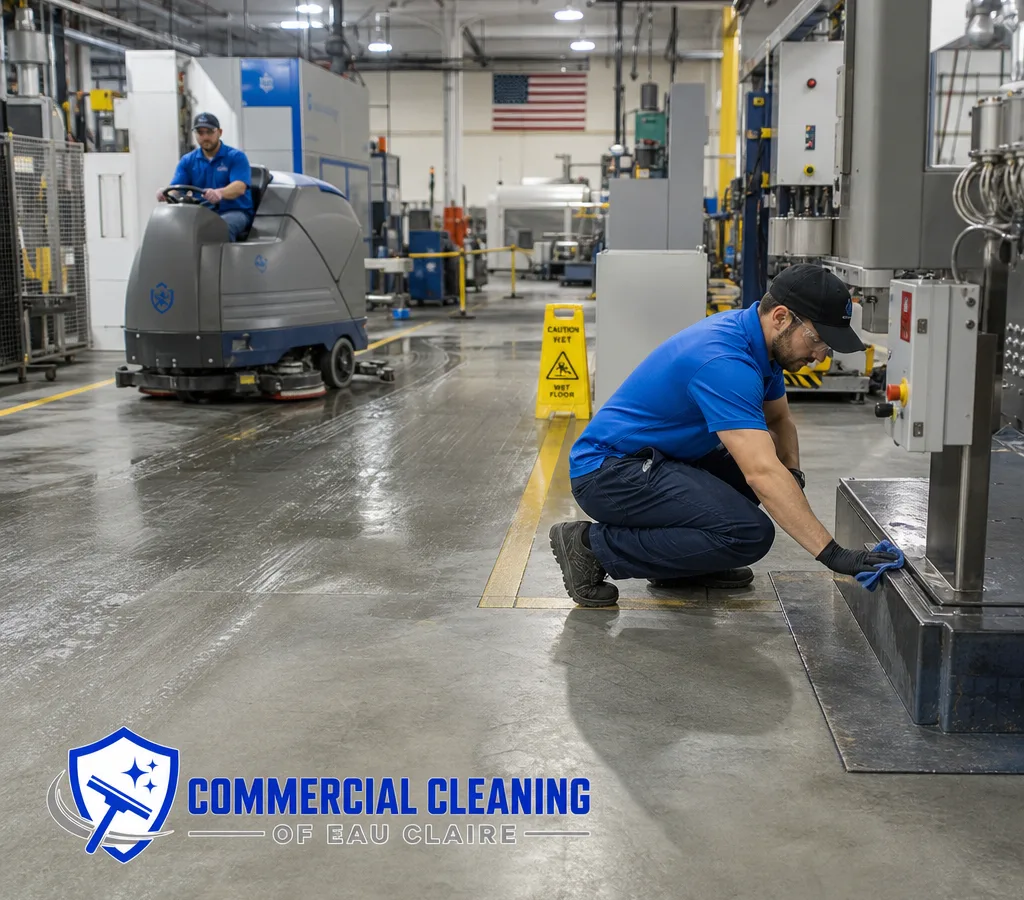 Industrial production floor being cleaned with an auto-scrubber, equipment detailing, and visible safety signage