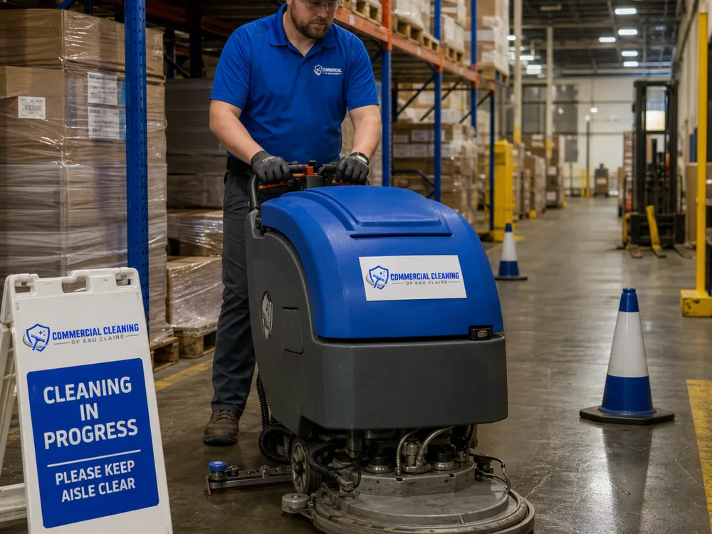Cleaner using an auto-scrubber in a warehouse aisle with safety cones controlling traffic near forklift lanes