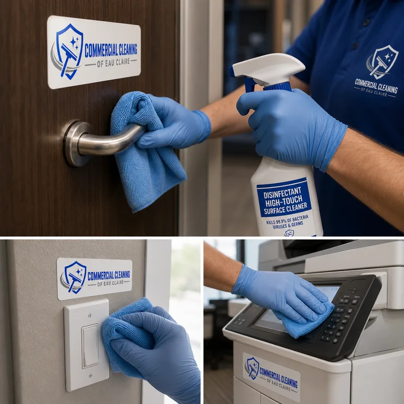 High-touch disinfection of door handles, light switches, and shared copier controls with microfiber cloths and labeled disinfectant