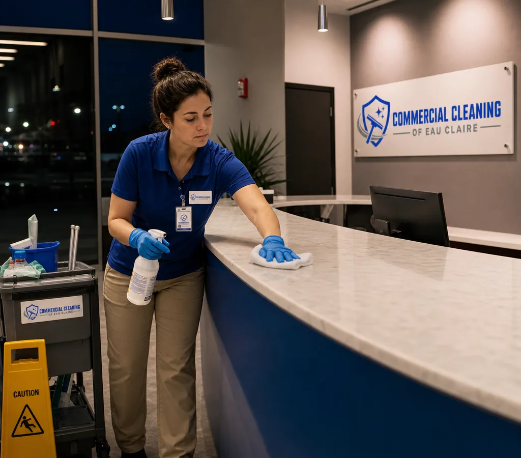 Cleaner disinfecting a modern office reception counter and high-touch areas after hours in an Eau Claire commercial building