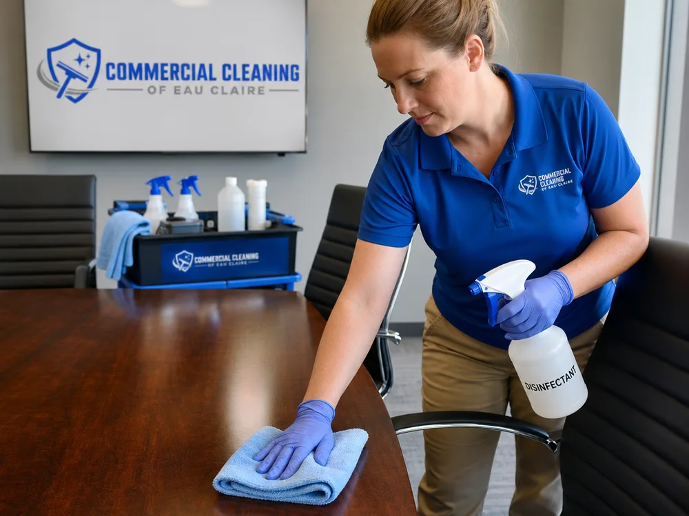 Cleaner disinfecting a conference room table and chair arms with labeled disinfectant, microfiber cloths, and an organized cleaning caddy