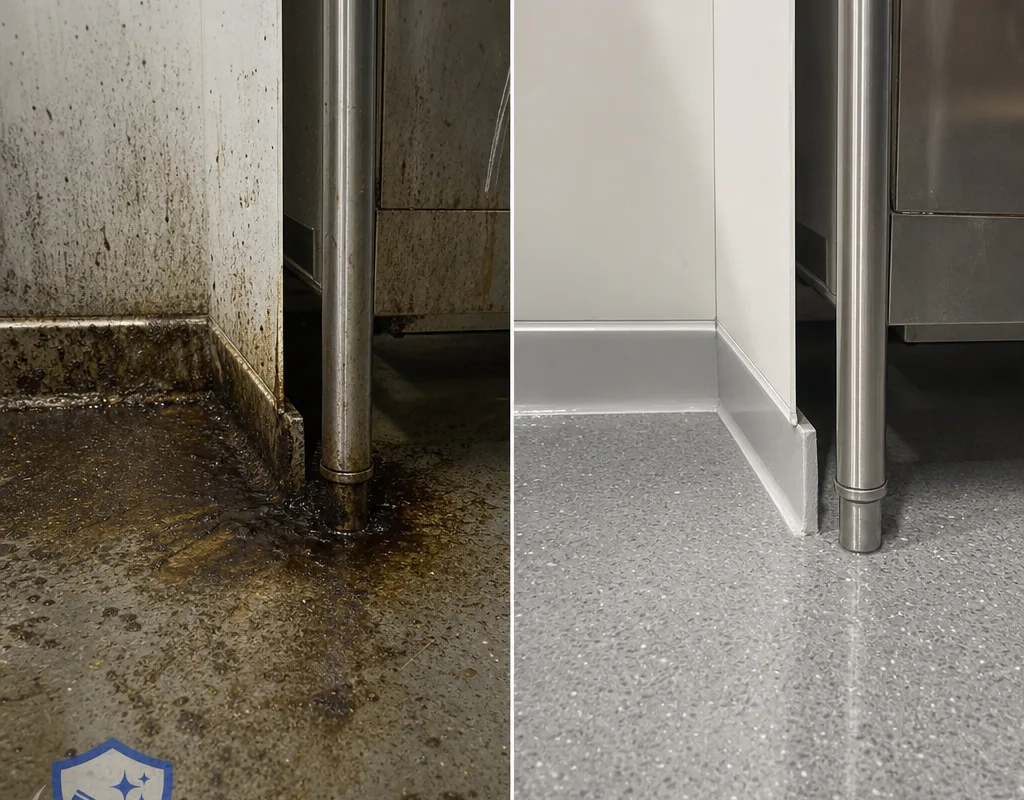 Commercial kitchen floor edge and base area shown before and after detailed scrubbing