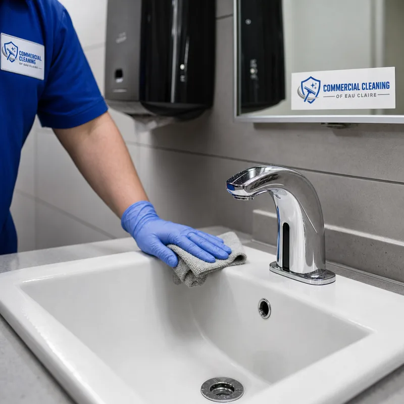 Sanitized restaurant restroom sink with polished faucet, clean drain, mirror, and dispenser surfaces