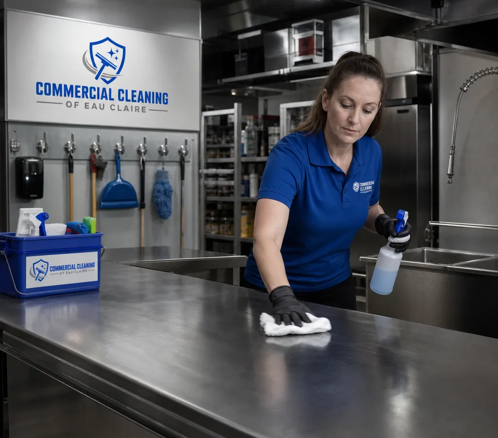 Cleaner wiping stainless prep tables and sanitizing high-touch surfaces in a commercial kitchen after hours