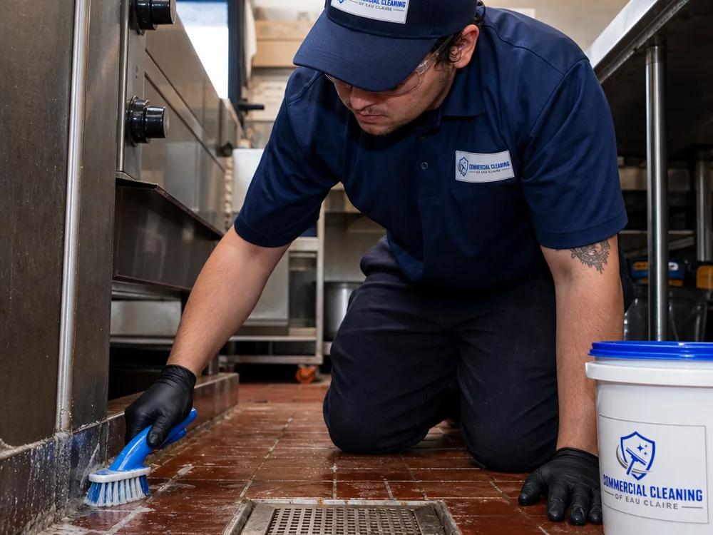 Cleaner scrubbing a commercial kitchen floor edge near a floor drain while wearing safe protective equipment