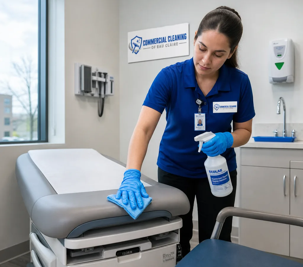 Professional cleaner disinfecting high-touch surfaces in an organized medical exam room