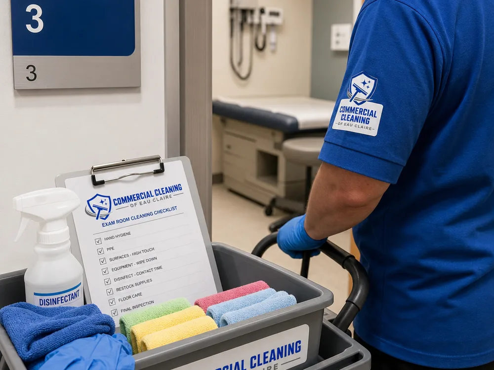 Labeled cleaning caddy with color-coded microfiber cloths, disinfectant, gloves, and a checklist outside an exam room