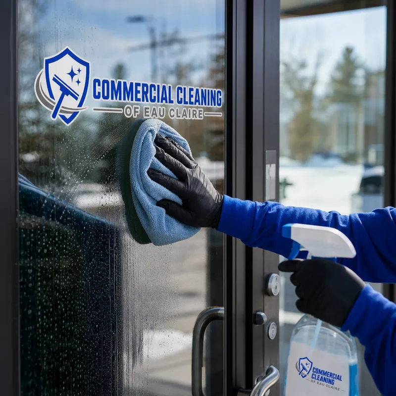 Cleaner removing fingerprints and smudges from glass storefront doors with a microfiber cloth
