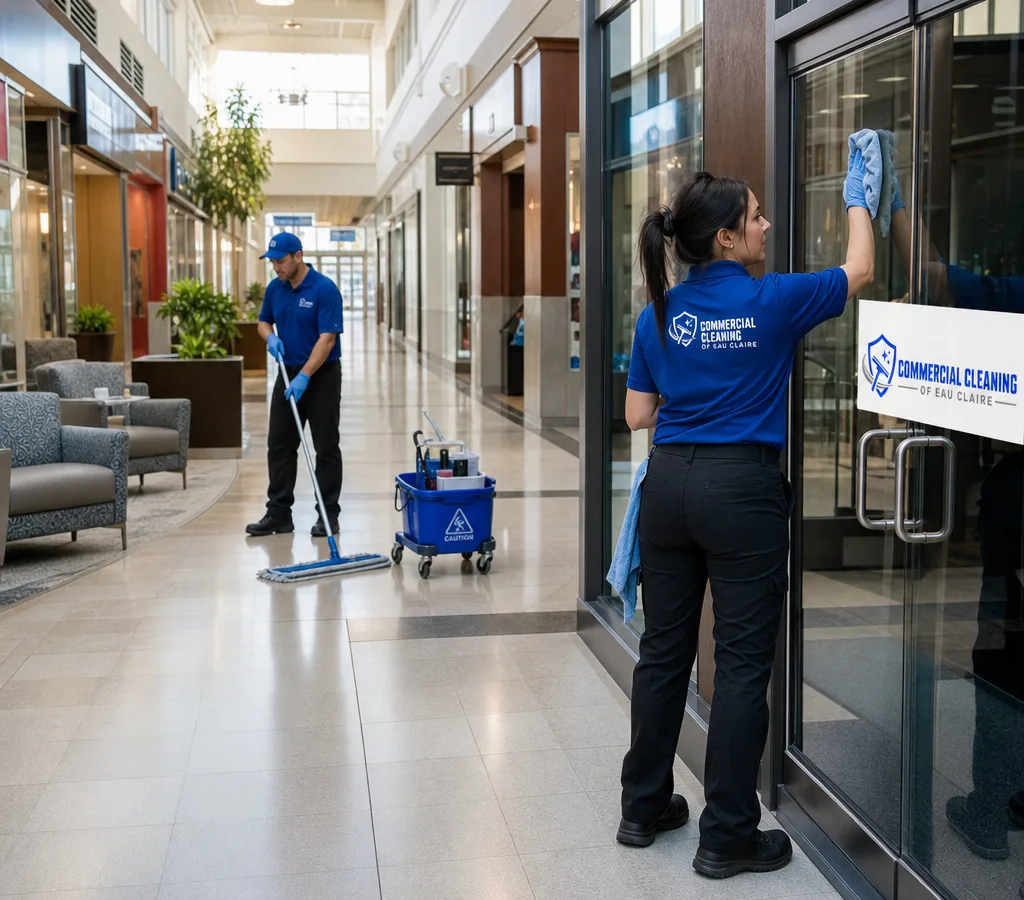 Cleaner mopping a well-lit shopping center corridor while another worker cleans glass entry doors