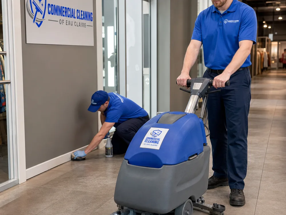 Cleaner operating an auto-scrubber on a retail common-area floor while another worker details edges near storefronts