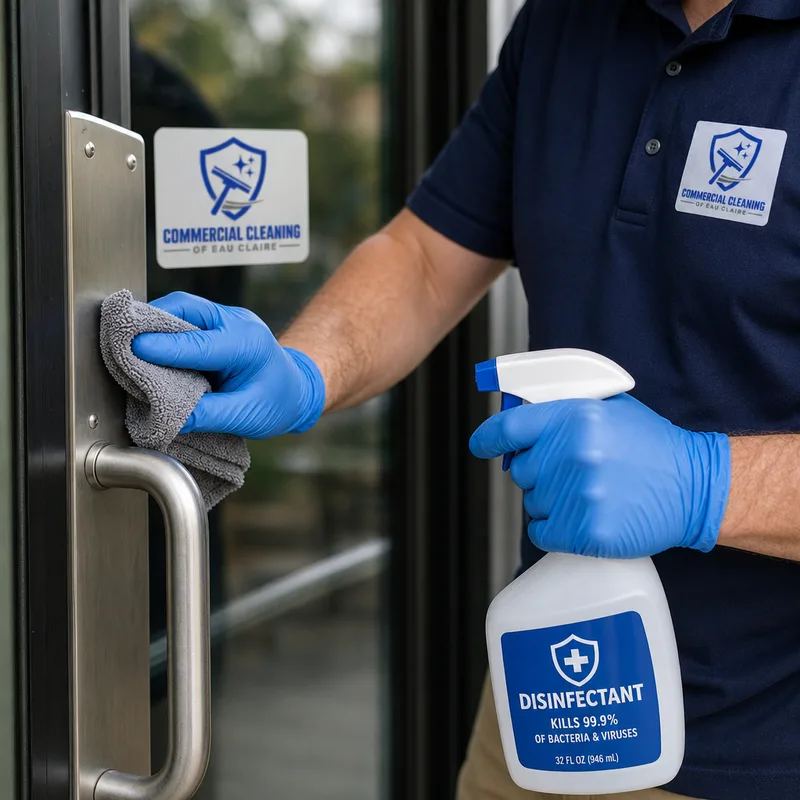 Cleaner disinfecting door handles and push plates with a microfiber cloth