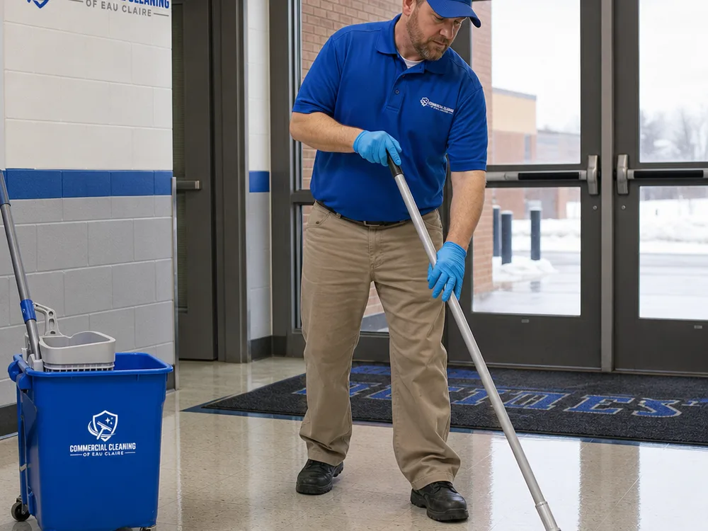 Janitorial technician cleaning a school hallway floor near an entry vestibule