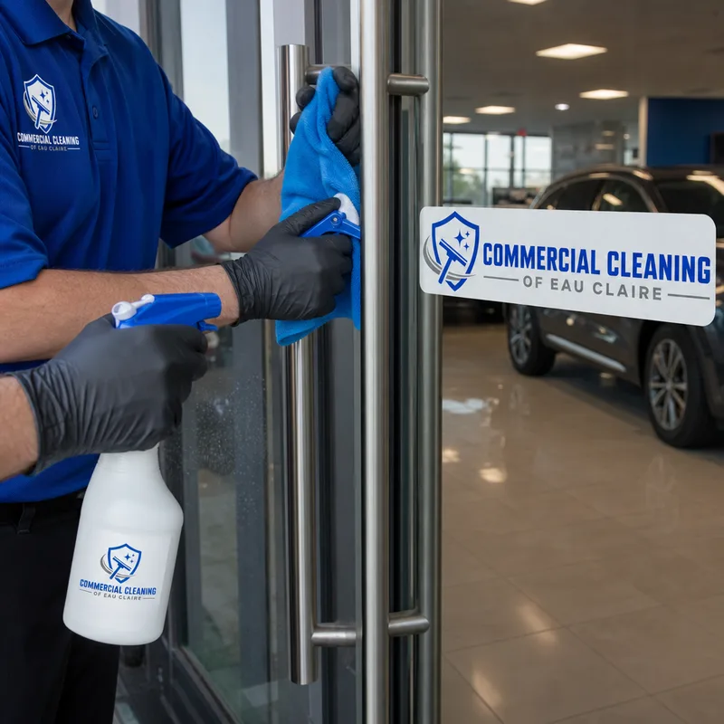 Cleaner detailing dealership entry glass and stainless door handles with a reflective showroom floor in the background