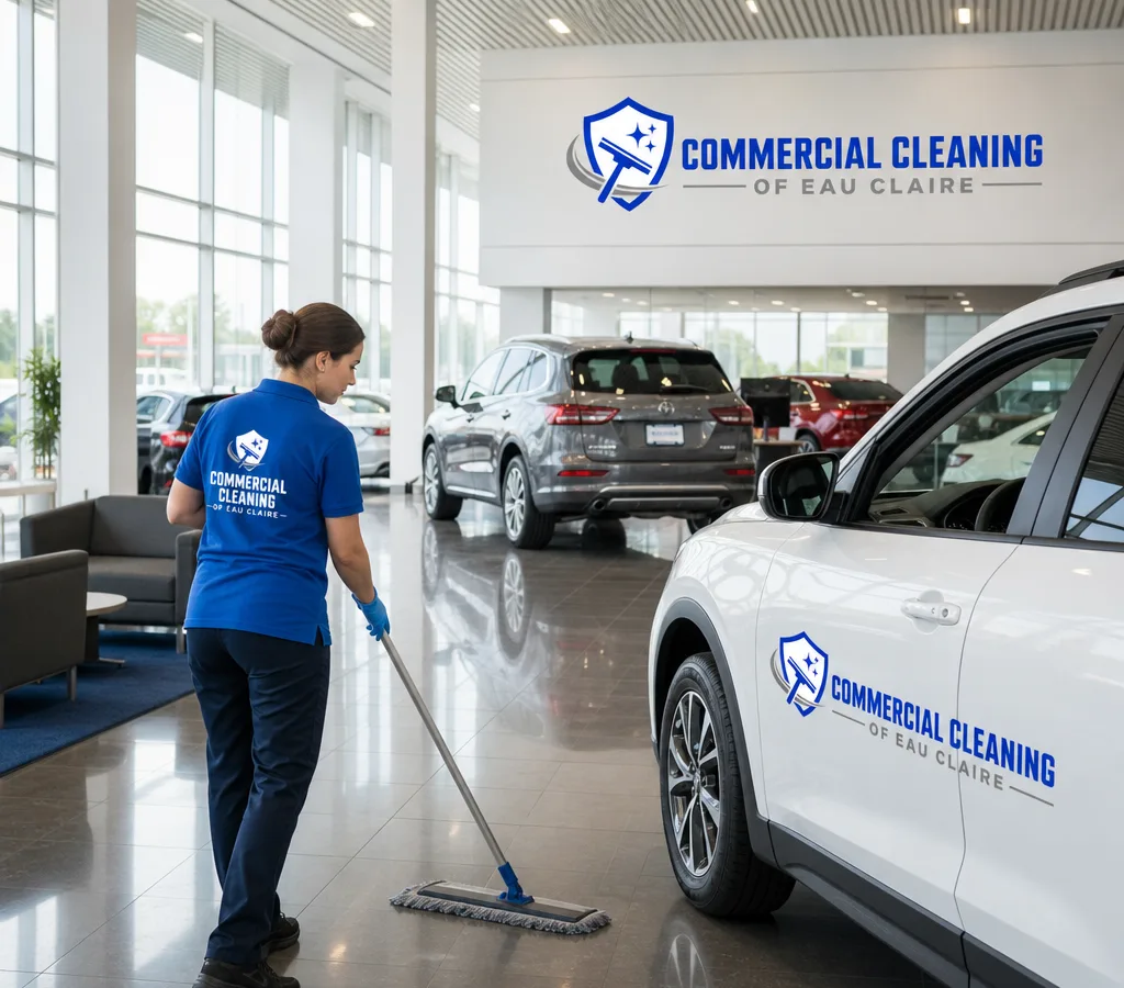 Modern car dealership showroom with glossy floors, clean glass, a tidy waiting area, and vehicles under bright lighting