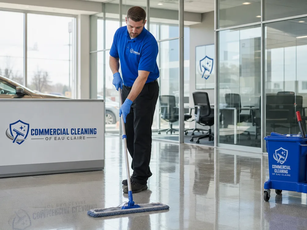 Bright dealership showroom with reflective freshly cleaned flooring and fingerprint-free glass partitions
