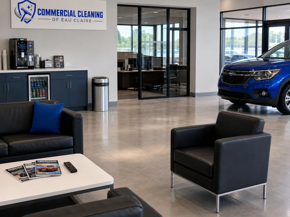 Dealership customer lounge with clean seating, wiped tables, a tidy trash area, and spotless floors