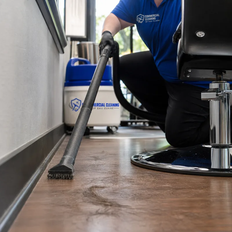 Cleaner removing hair along baseboards and around chair bases in a salon