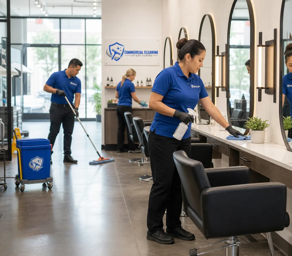 Bright modern salon with styling stations and mirrors being professionally cleaned and disinfected
