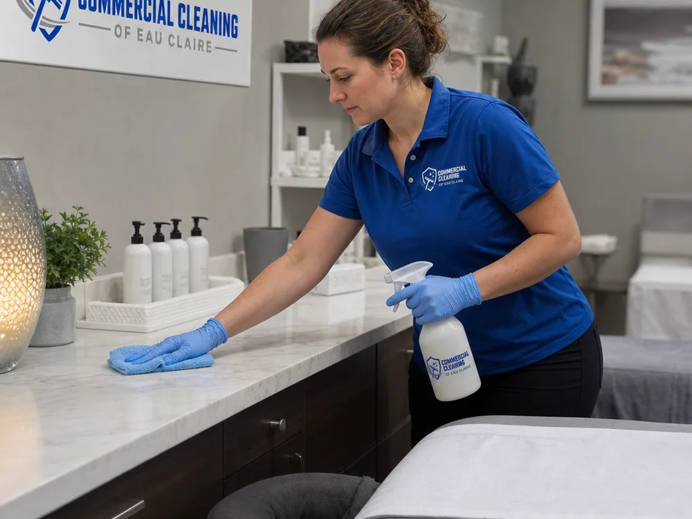 Cleaner disinfecting touch points and wiping counters in a spa treatment room