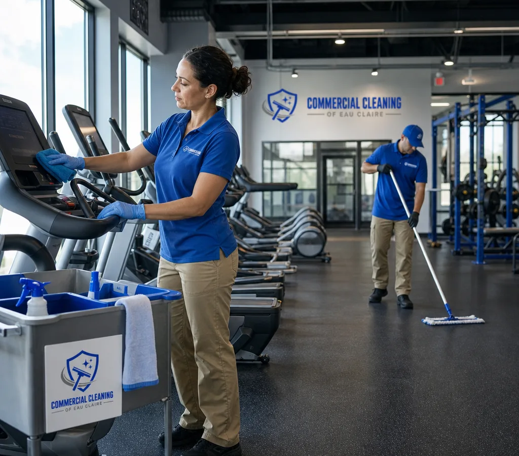 After-hours janitorial team cleaning cardio equipment and a rubber training floor in a modern fitness center