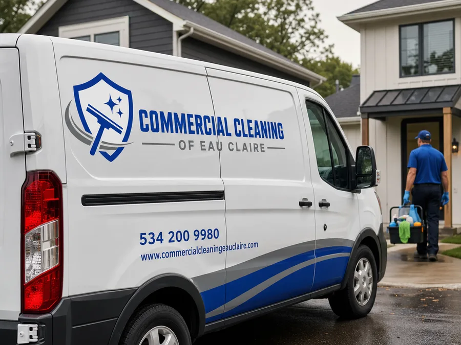 Uniformed cleaner restocking restroom supplies and disinfecting fixtures with a checklist