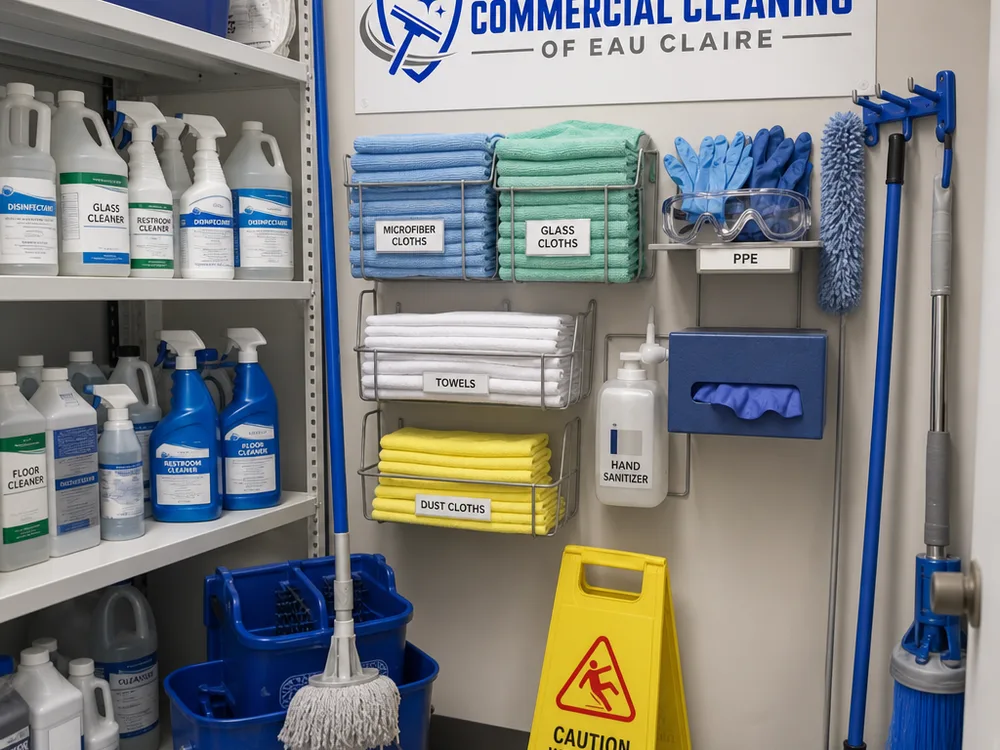 Organized janitorial closet with labeled chemicals, PPE, microfiber cloths, and mop system